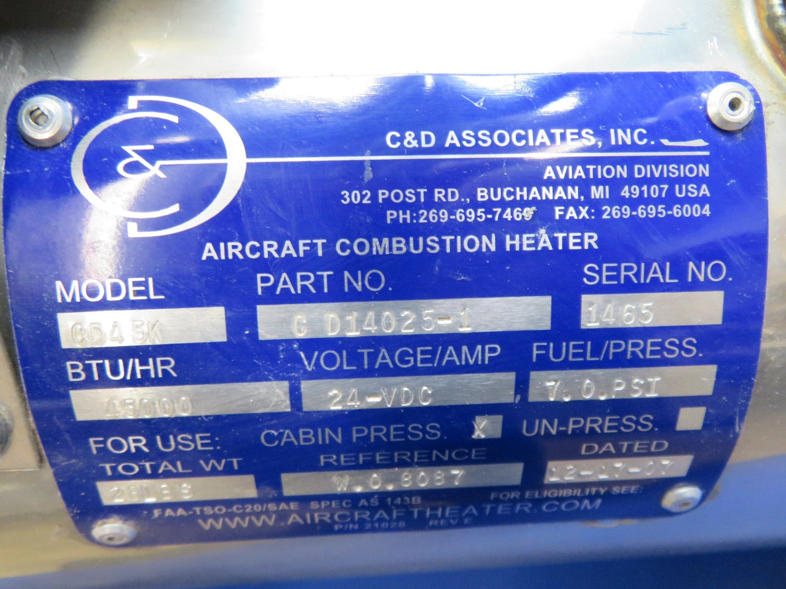 Cessna C&D Associates Aircraft Combustion Heater 24v CD14025-1 TESTED (0326-201)1