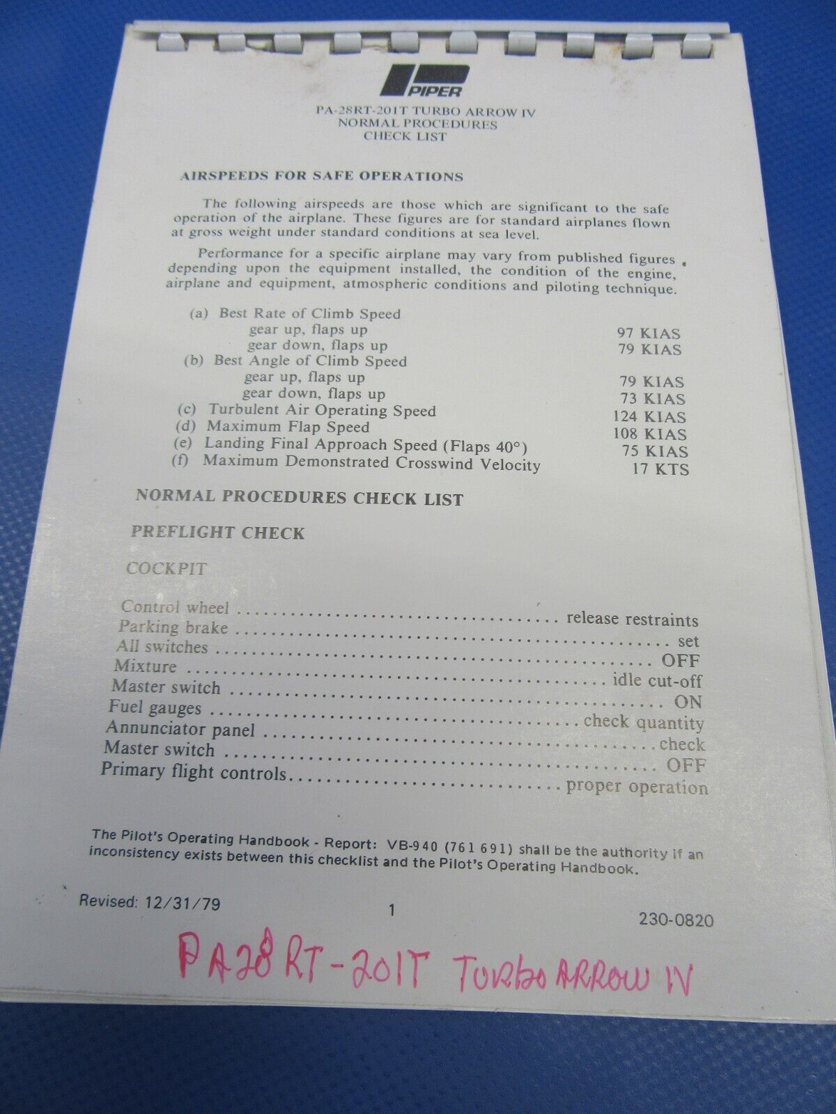 Various Original Piper Checklists PA-28 / PA-32 Lot of 9 (0124-31)