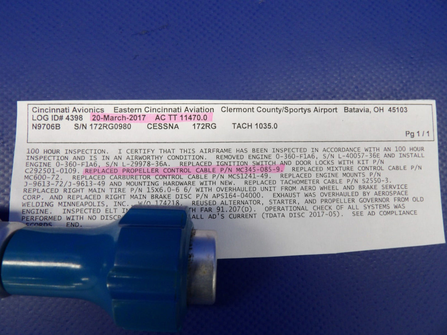 Cessna 172 / 172RG McFarlane Propeller Control Cable P/N MC345-085-9 (0726-1224)3