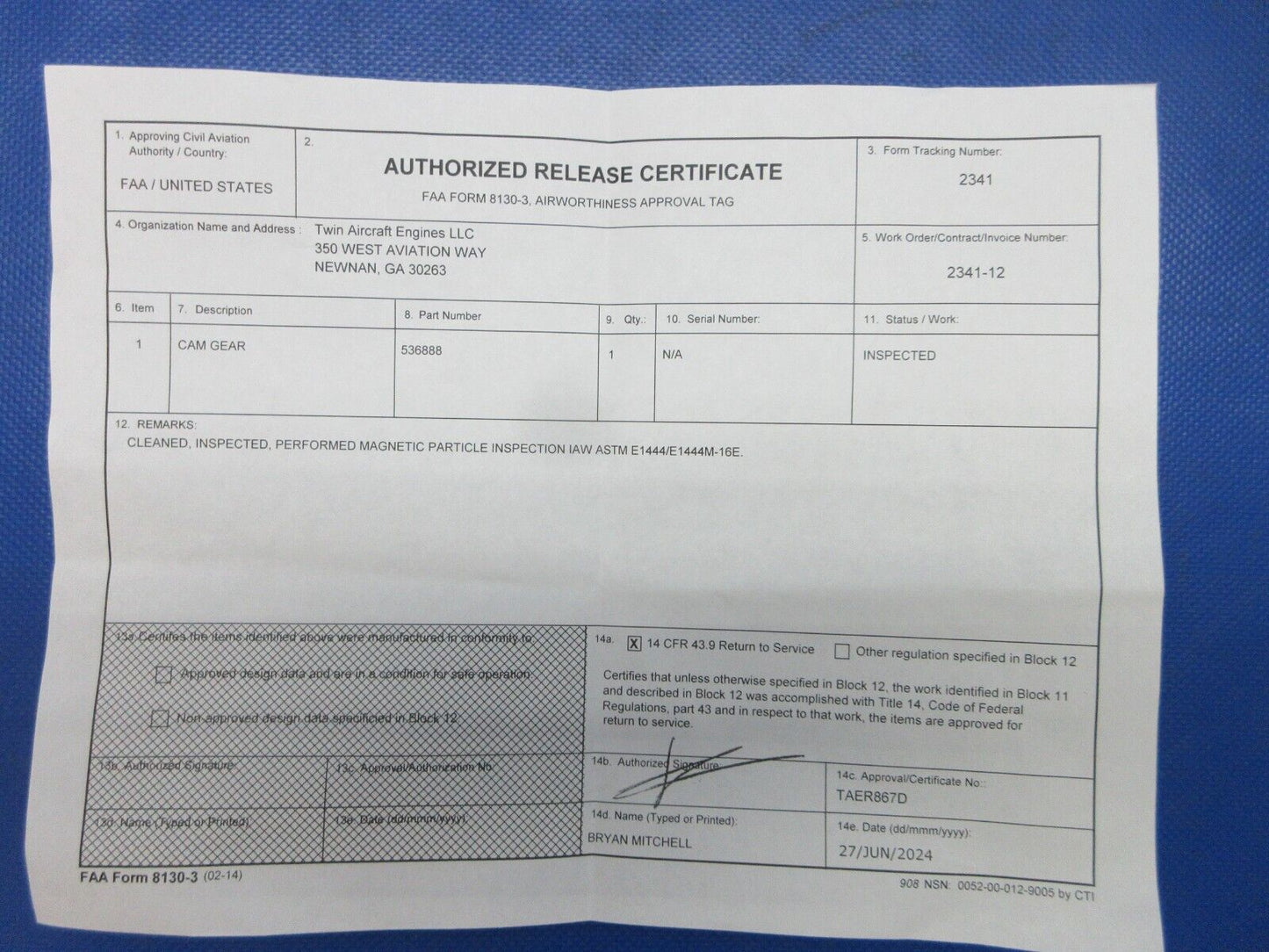 Continental Camshaft Gear P/N 536888 Inspected w/ 8130 (0724-1911)