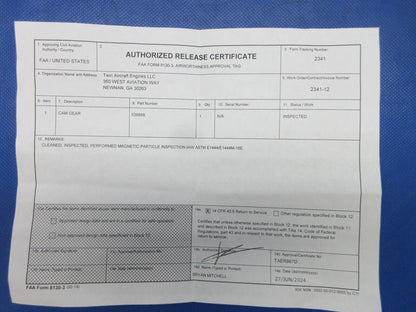 Continental Camshaft Gear P/N 536888 Inspected w/ 8130 (0724-1911)