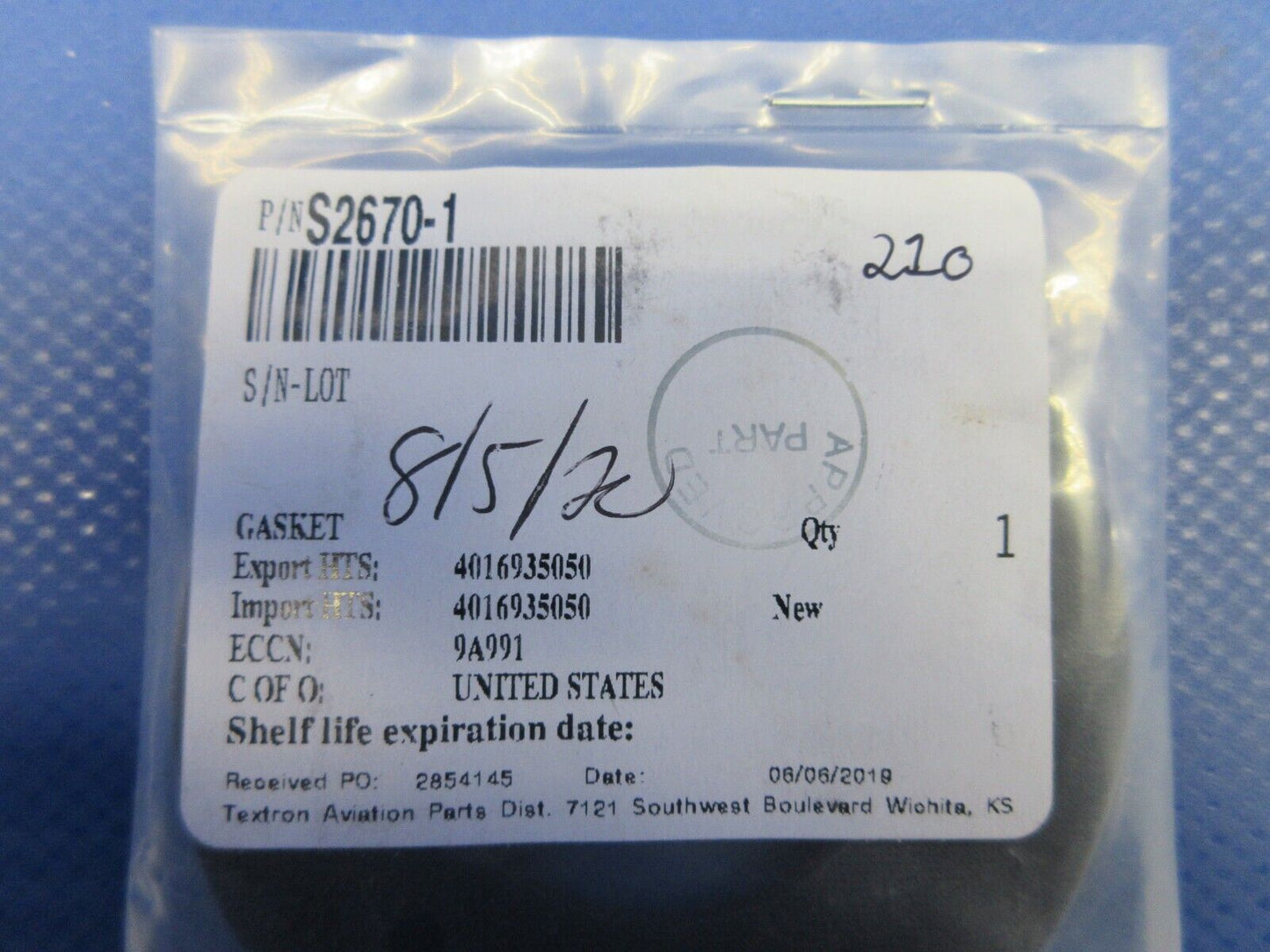Cessna Fuel Sender Gasket  P/N S2670-1 NOS w/8130 (0424-1215)