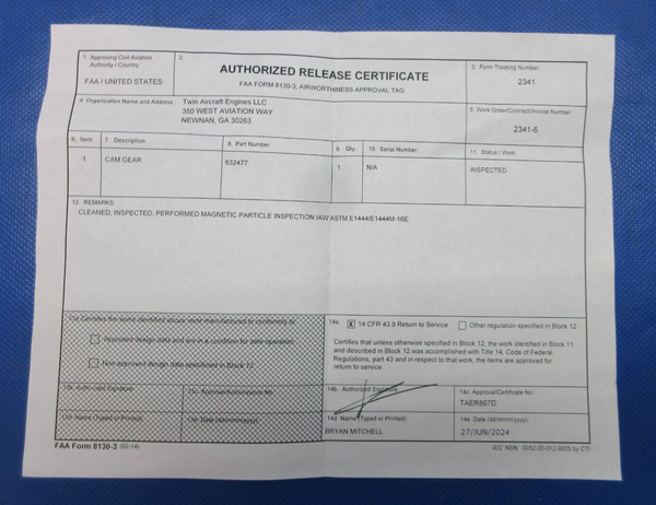 Continental Camshaft Gear P/N 632477 Inspected w/ 8130 (0724-1909)