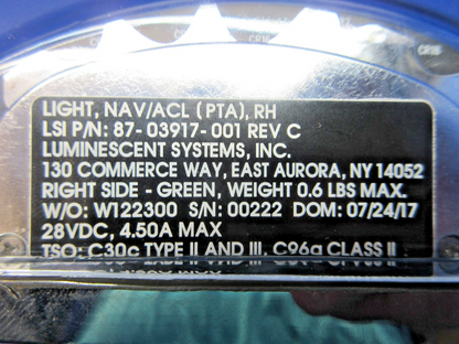 Luminescent Systems RH Nav Wing Tip Light 28V P/N 87-03917-001 TESTED (0526-923)4