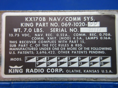 King KX170B Nav/Comms P/N 069-1020-00 CORE LOT OF 2 (1124-1304)