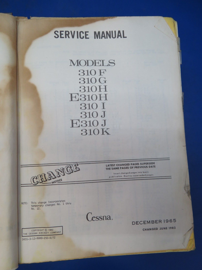 Cessna 310 Service Manual & Parts Catalog 1982 P/N D455C3-13 (0923-495)