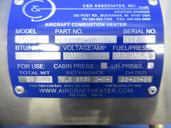 Cessna 310 / 301R C&D Associates CD45K Heater 24V P/N CD14071-1 NEW (1124-2063