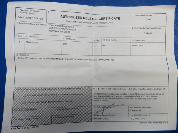 Continental Mag Drive Gear P/N 3700 Inspected w/ 8130 (0724-1891)