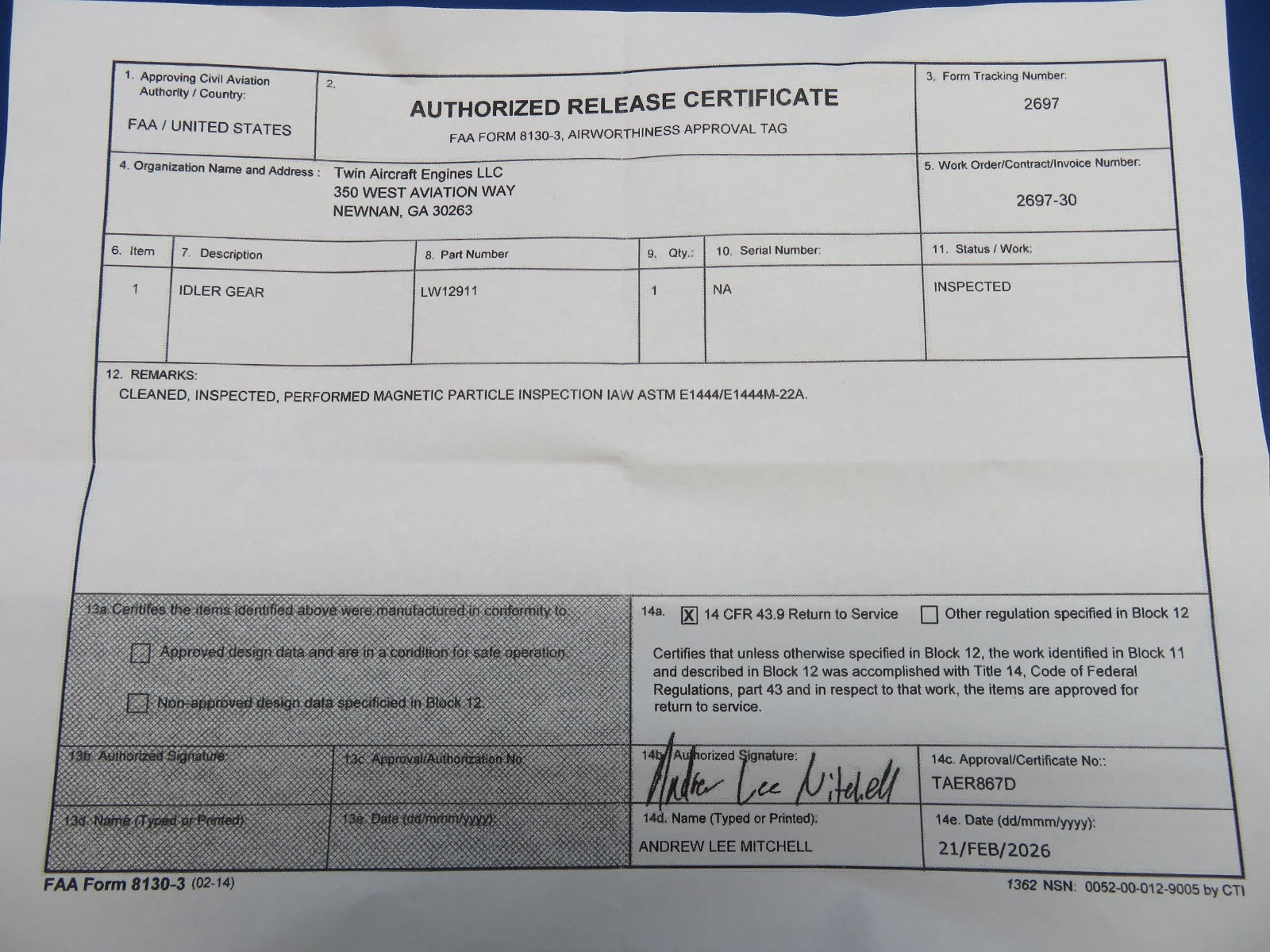 Lycoming Crankshaft Idler Gear P/N LW-12911 Inspected w/ 8130 (0326-1719)1
