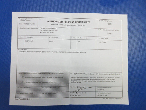 Continental Idler Gear P/N 534757 Inspected w/ 8130 (0724-1907)