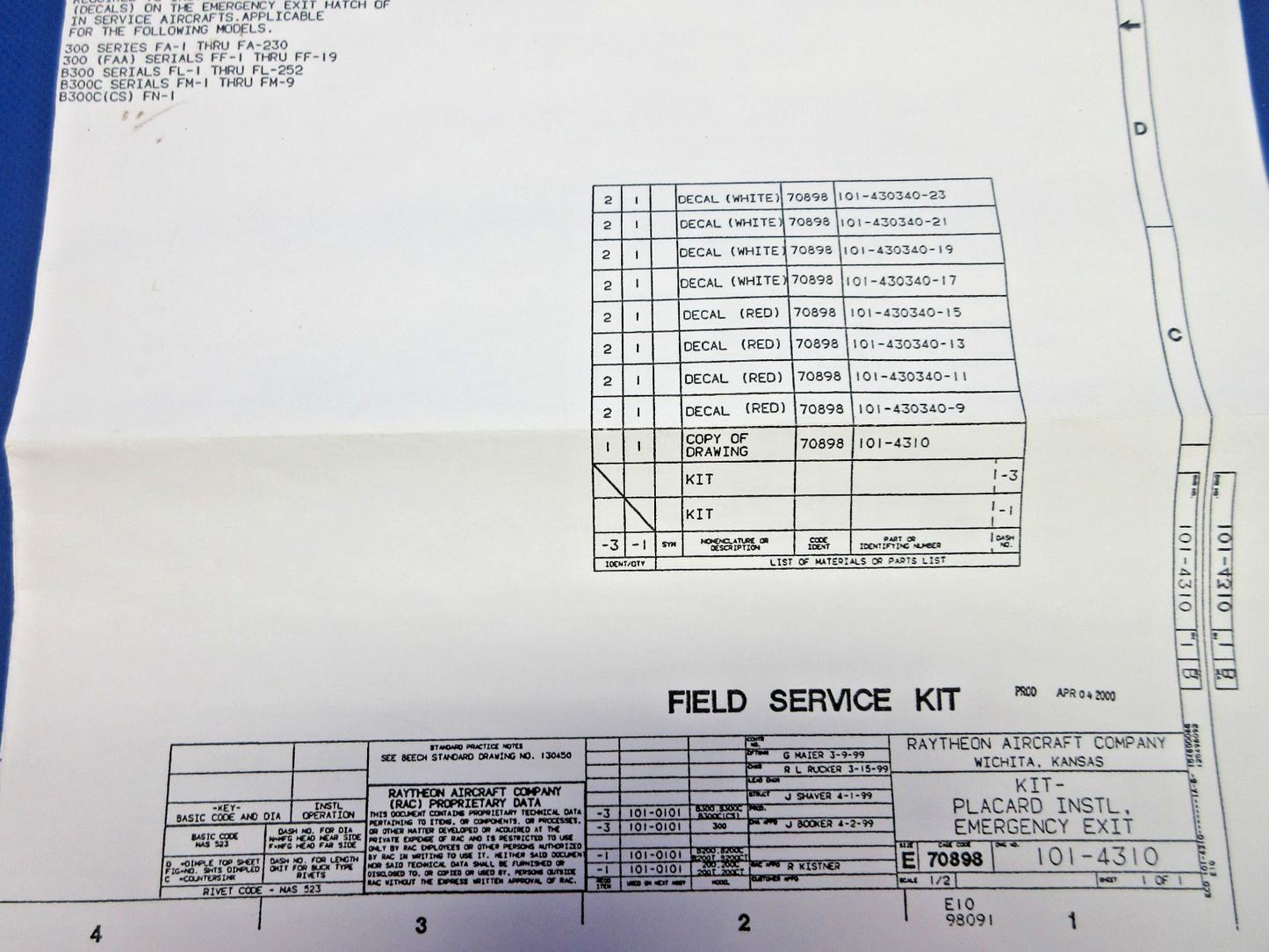 Beech King Air Decal Kits P/N 101-43340-9 NOS (0326-742)1