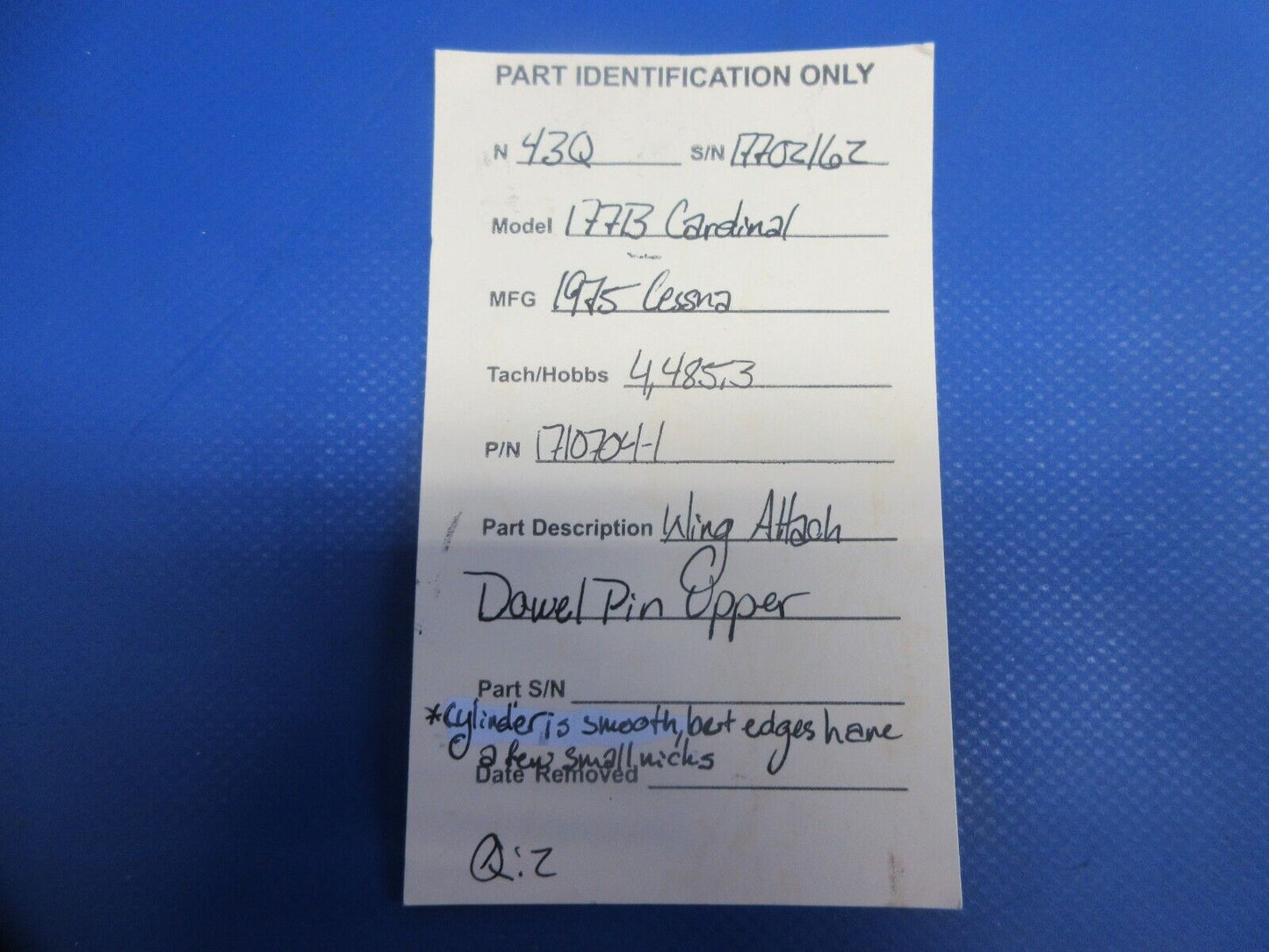 Cessna 177 / 177B Cardinal Wing Attach Dowel Pin Upper P/N 1710704-1 (0824-1055)