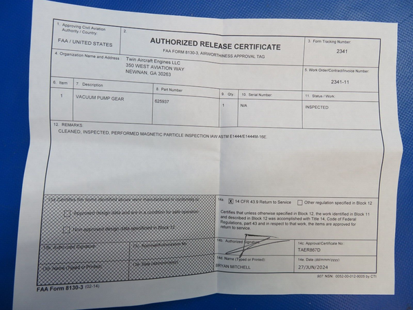 Continental Vacuum Pump Gear P/N 625937 Inspected w/ 8130 (0724-1884)