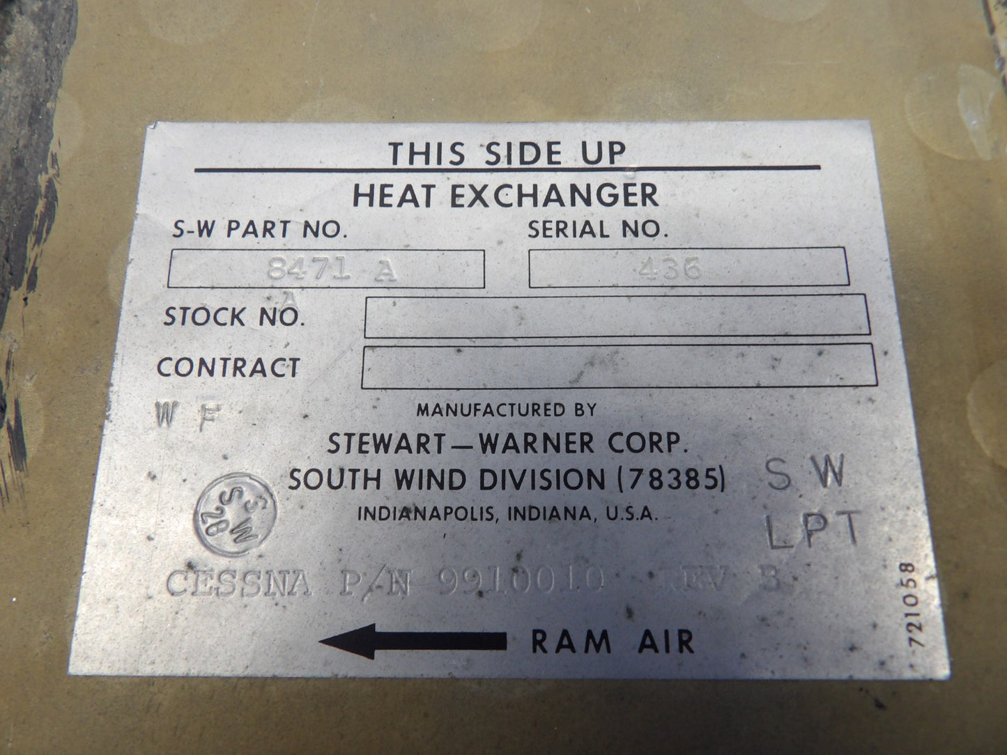 Cessna 421 Stewart-Warner Pressurization Heat Exchanger P/N 8471A (0726-1216)1