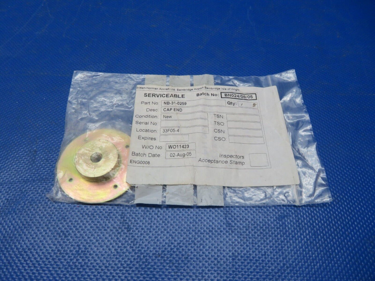 Britten-Norman Cap End P/N NB-31-0259 NOS (1024-250)