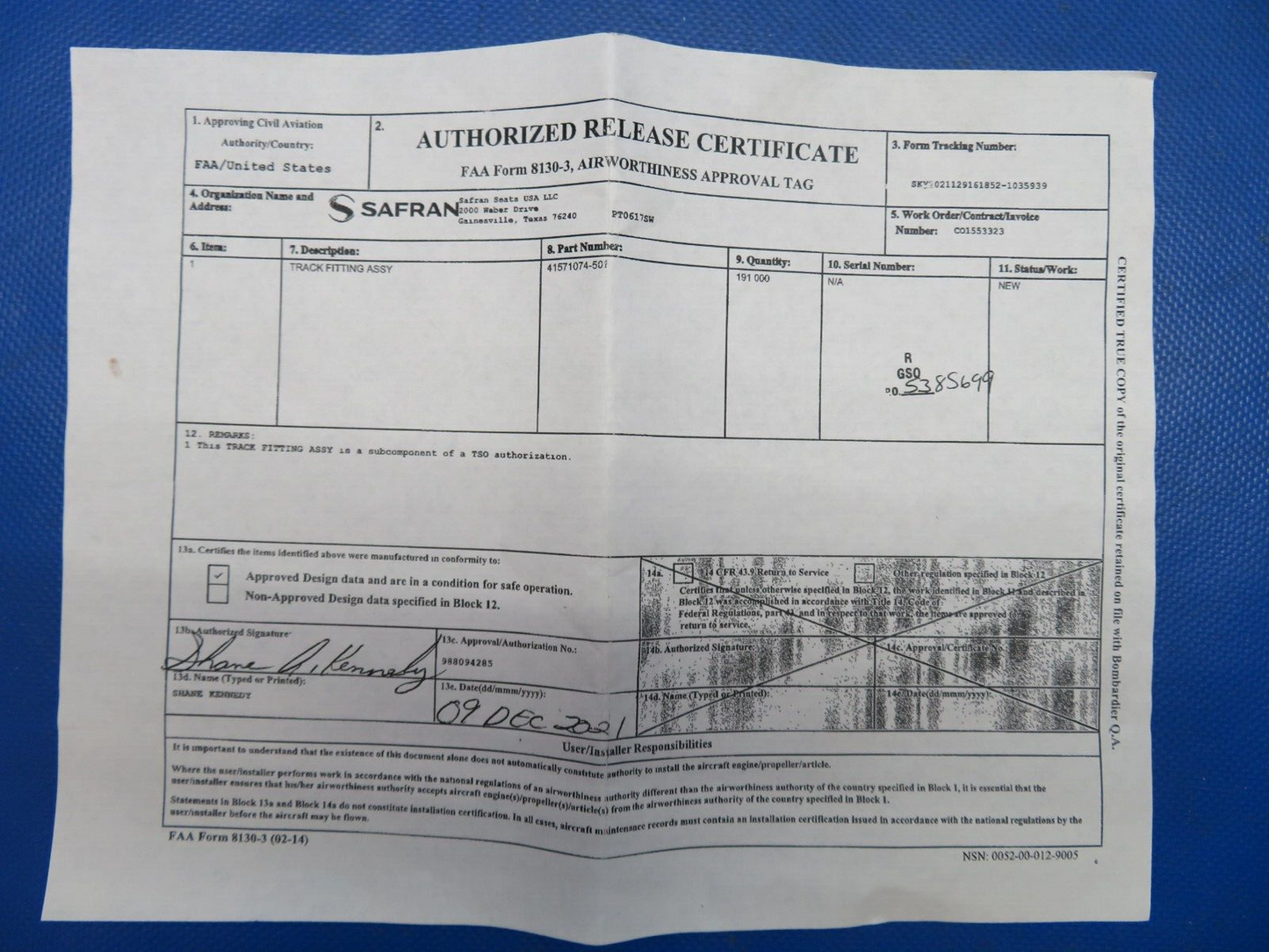 Track Filling Assy P/N 41571074-501 NOS w/ 8130 (0824-1723)
