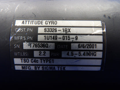 Cessna 172RG SigmaTek Attitude Indicator P/N 1U149-015-9 WARRANTY (0726-2071)3
