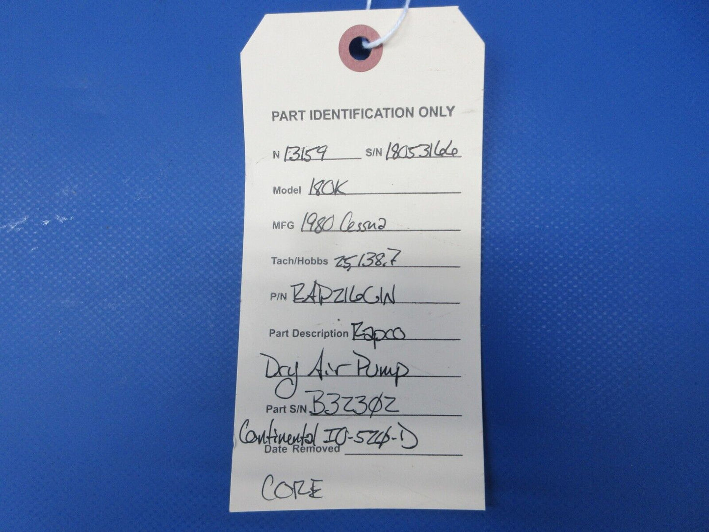 Cessna 180K Rapco Dry Air Pump P/N RAP216CW w/ Fittings - CORE (0824-1202)