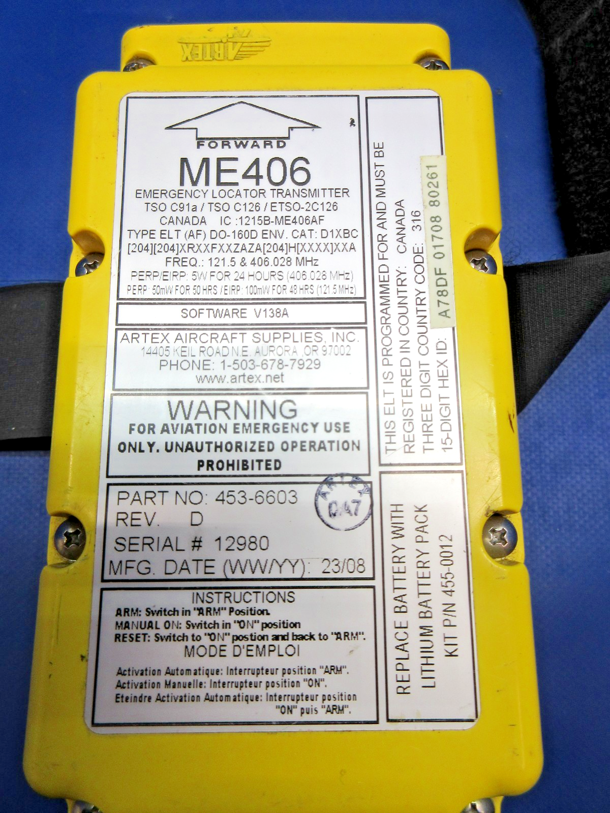 Artex ELT ME-406 w/Tray, Remote Switch & Antenna P/N 453-6603 TESTED (0426-812)2