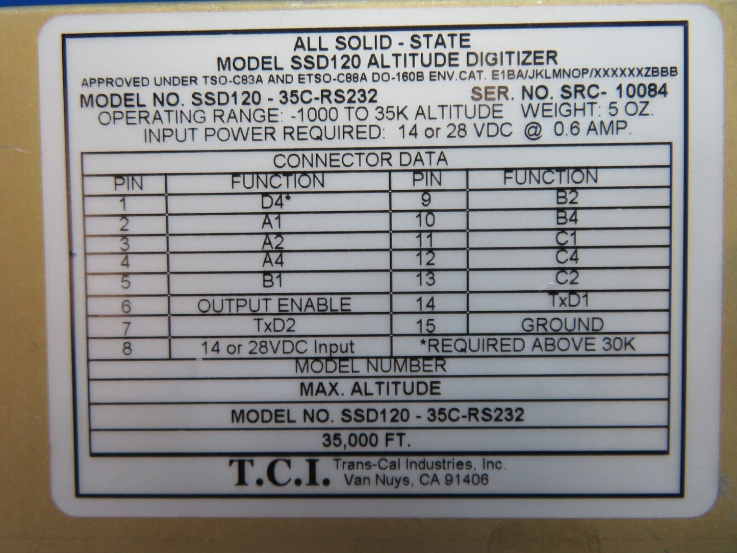 =T.C.I All-Solid State Altitude Digitizer 14/28v P/N SSD120-35C-RS232 (1124-134)