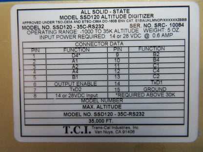 =T.C.I All-Solid State Altitude Digitizer 14/28v P/N SSD120-35C-RS232 (1124-134)