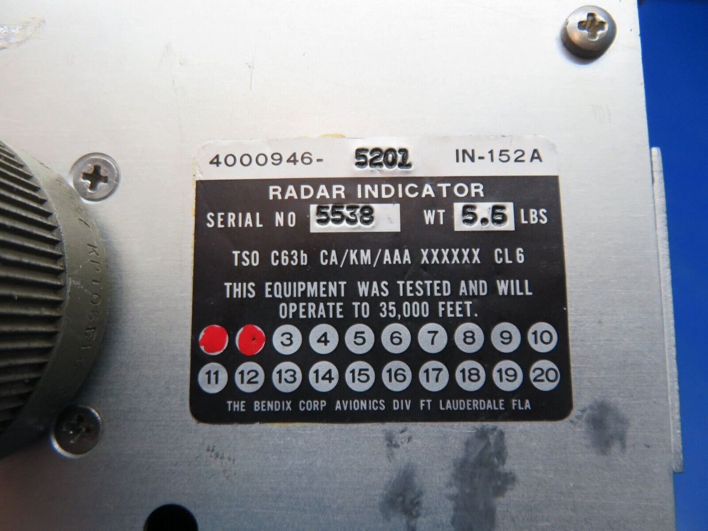 Bendix IN-152A Radar Indicator Rack & Connector 4000946-5201 WARRANTY (0724-216)