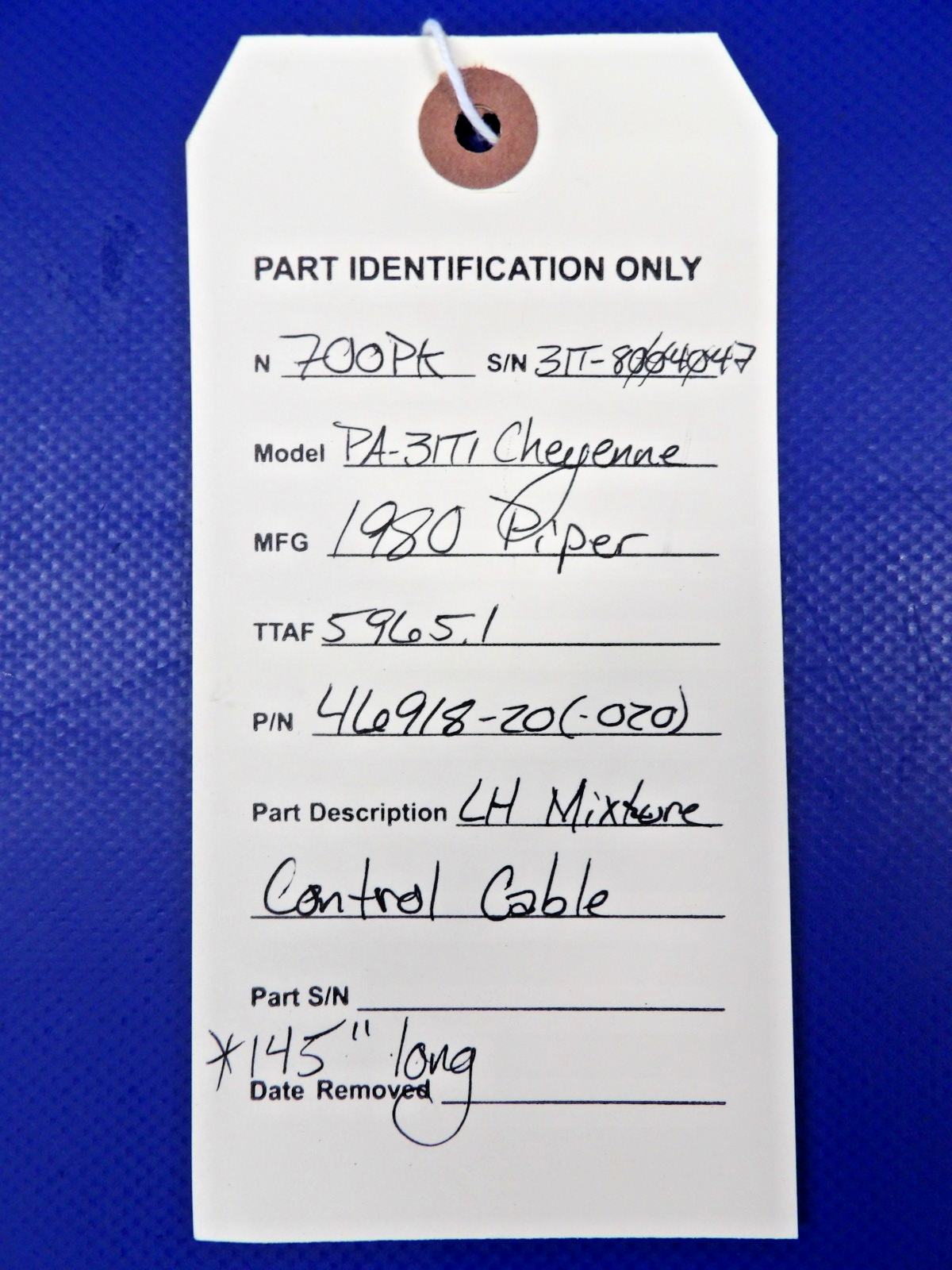 Piper PA-31T1 Cheyenne LH Mixture Control Cable P/N 46918-20 (0626-1404)12
