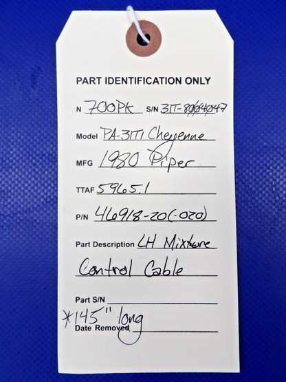 Piper PA-31T1 Cheyenne LH Mixture Control Cable P/N 46918-20 (0626-1404)12