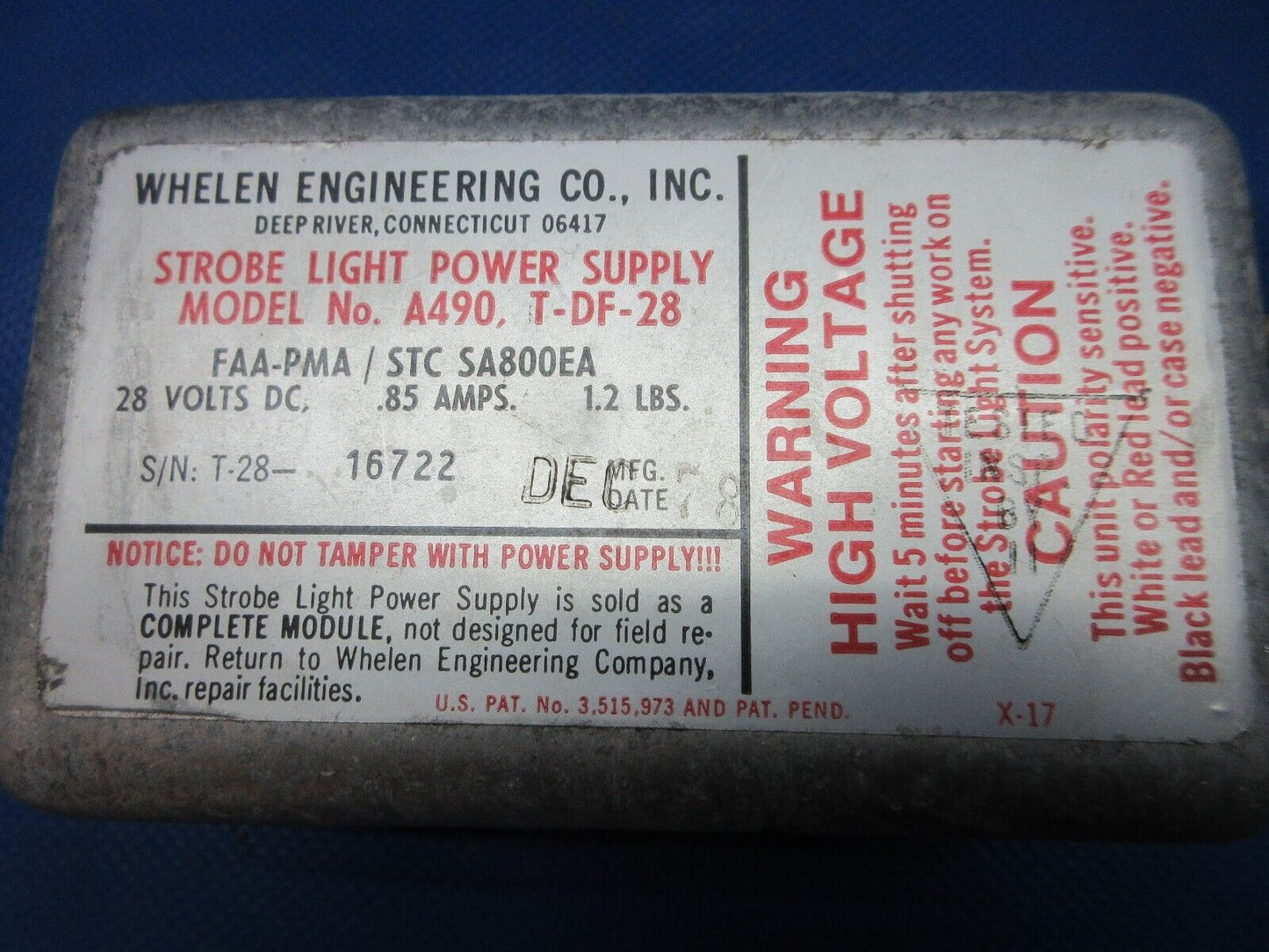 Cessna 337 / P337H Whelen Strobe Light Power Supply P/N A490 TESTED (0724-1228)