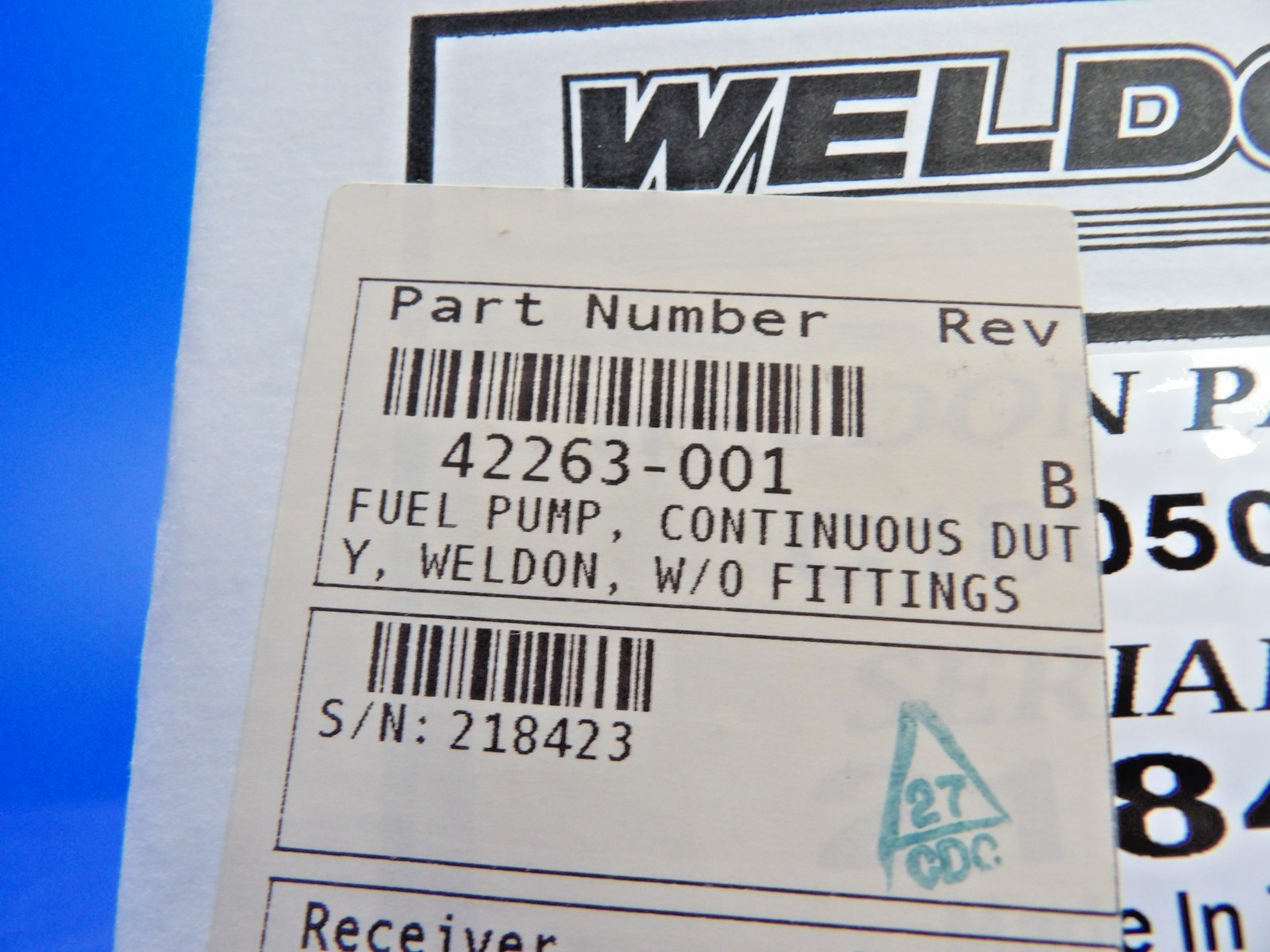 Weldon Electric Fuel Pump 28V P/N C18050-2B8 NOS WARRANTY (0426-1302)2
