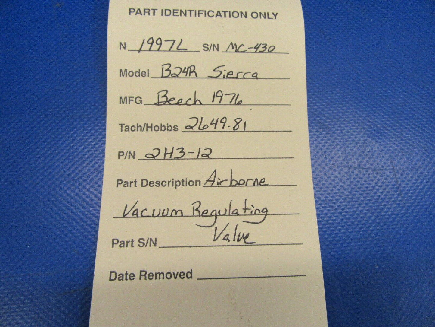 Beech Sierra B24R Airborne Vacuum Regulating Valve P/N 2H3-12 (0719-227)