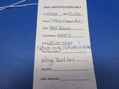 Beech 95 / D95A Travel Air Wing Bolt Set P/N NAS15237/M/ (0524-1082)