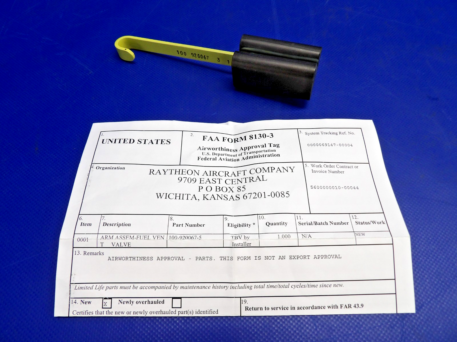 Beech King Air Fuel Vent Valve Float Arm NOS w/8130 P/N 100-920067-5 (0326-1243)0
