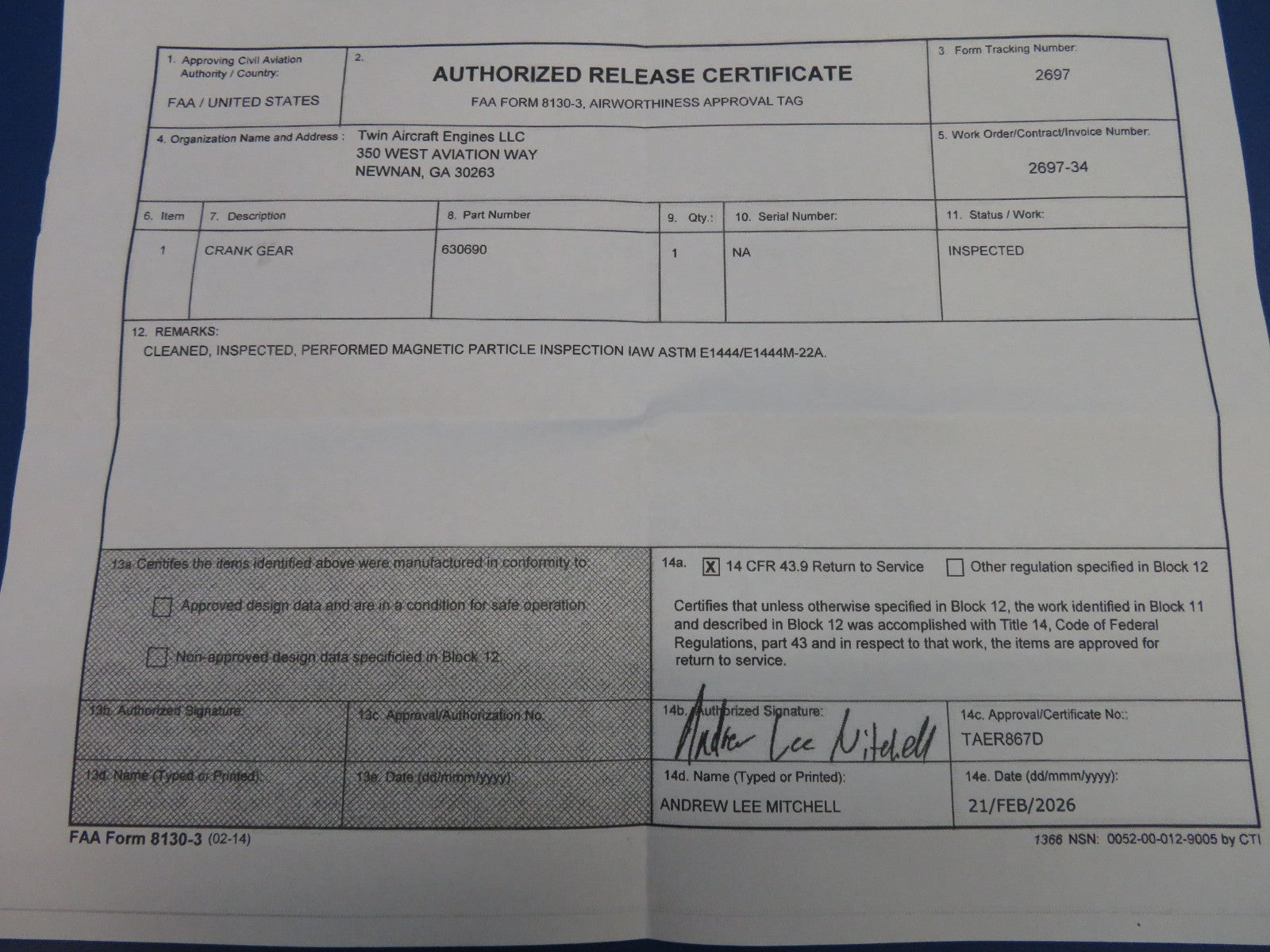 Continental 360 Crankshaft Cluster Gear P/N 630690 Inspected w/ 8130 (0326-1718)2