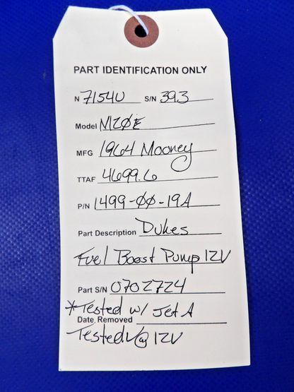 Mooney M20 / M20E Dukes Fuel Boost Pump 12V P/N 1499-00-19A TESTED (0826-1341)11