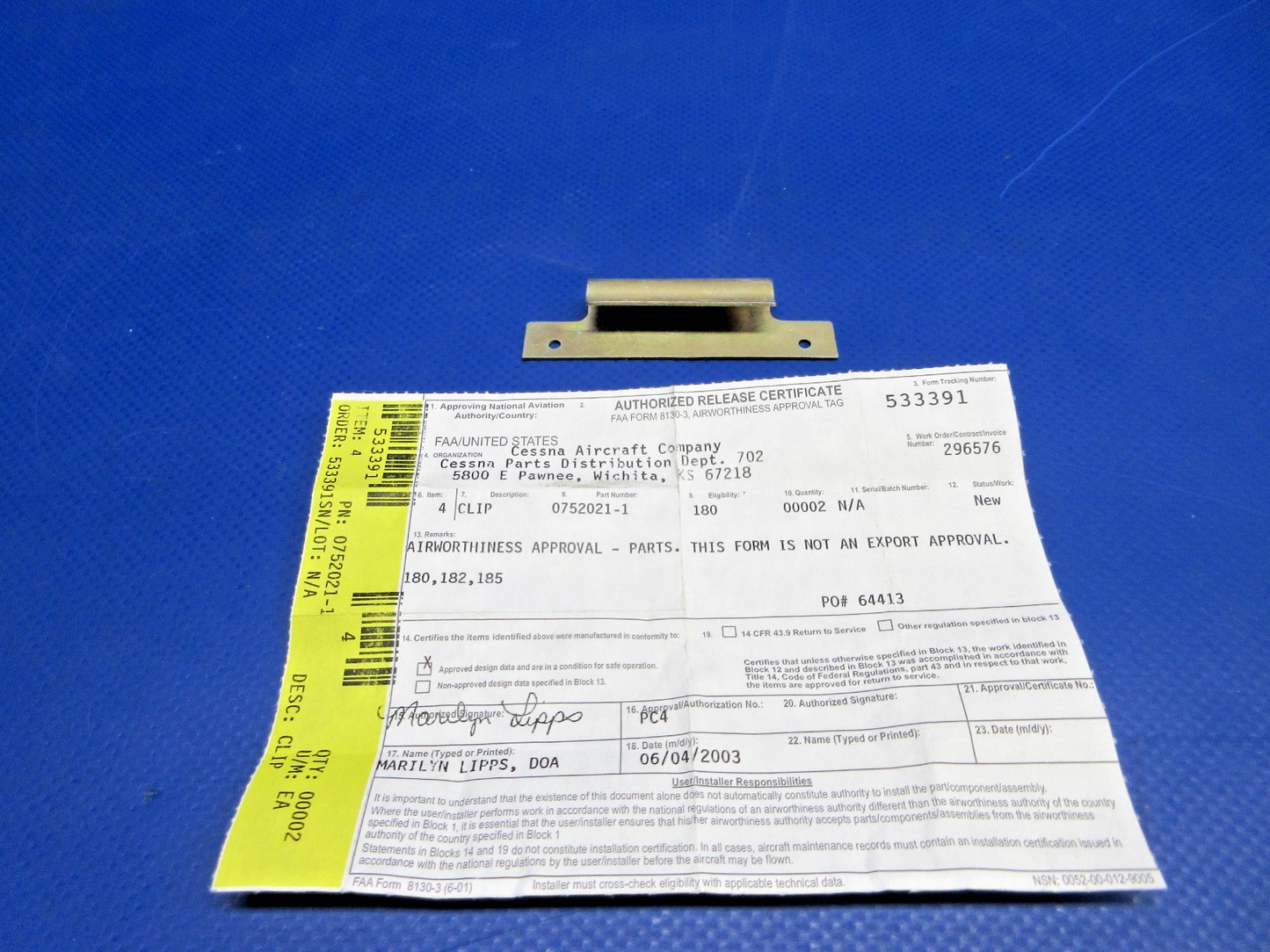 Cessna 180 / 182 Air Box Expander Boot Clip w/8130 P/N 0752021-1 NOS (0426-717)0