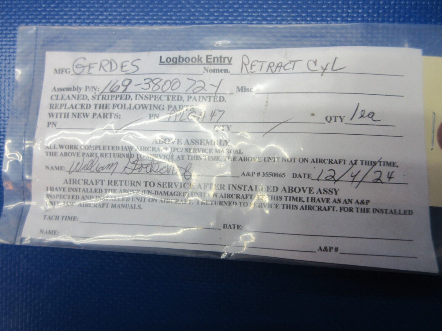 Beech Gerdes Nose Gear Retract Cylinder P/N 169-380072-1 REBUILT (1224-1300)
