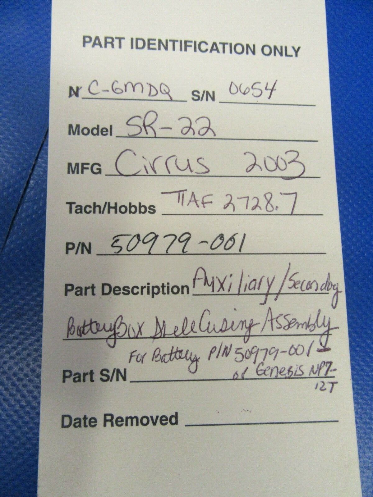 Cirrus SR-22 Auxiliary Battery Box Assembly P/N 50979-001 (1019-387)
