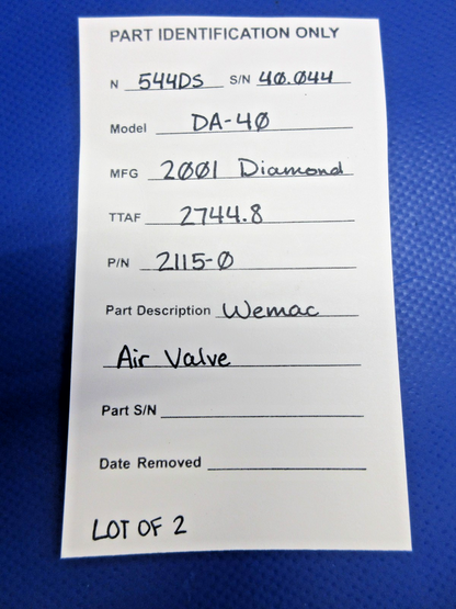 Diamond DA-40 Wemac Air Valve P/N 2115-0 LOT OF 2 (0826-735)10