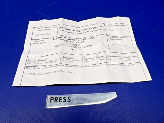 Beech King Air Cabin Seat Placard w/ 8130 P/N 101-531446-5 NOS (0426-1291)0