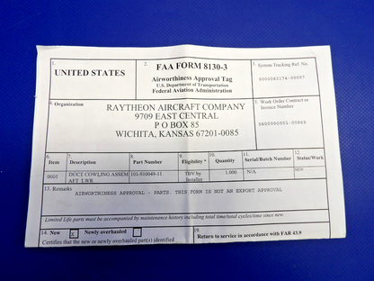 King Air B200 Beech Aft LWR Cowling Duct NOS w8130 P/N 101-910049-11 (0326-1254)2