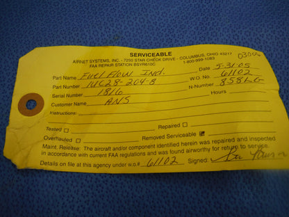 Beech Fuel Flow Indicator P/N 96-384069-1 Alt P/N 1UC28-204-8  (1015-235)
