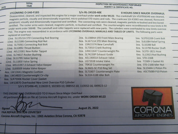 Lycoming O-540-F1B5 Engine / 221.4 SMOH in 2022 / Rotor Strike CORE (0724-95)