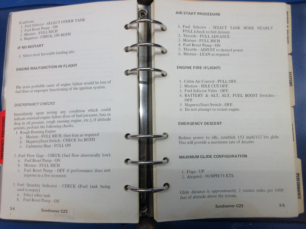 Beech C23 Sundowner Pilot's Operating Manual P/N 169-590008-17 (1124-1262)