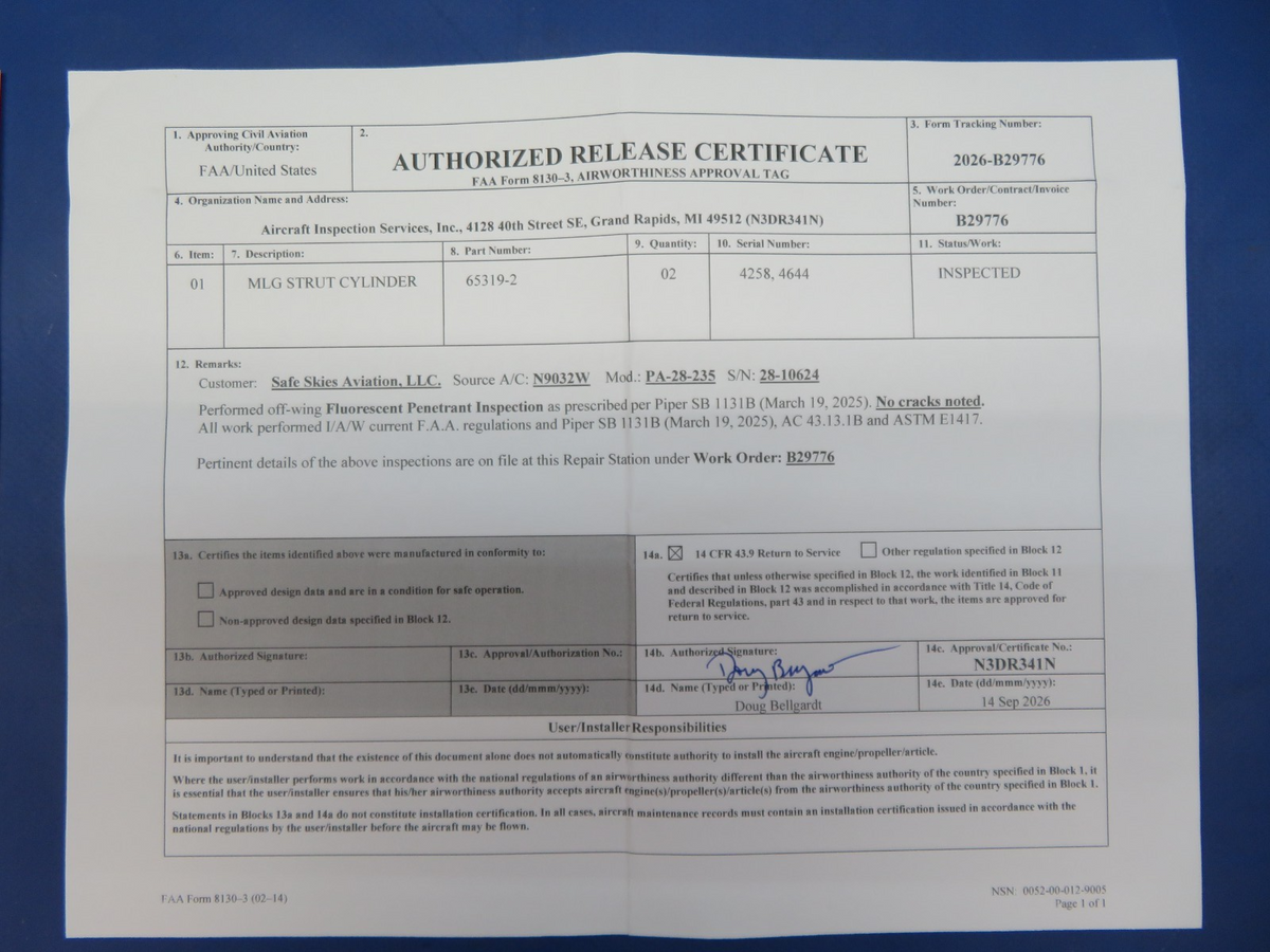 Piper PA-28 Main Gear Leg 65319-04, 65319-004 INSPECTED w/ 8130 (0926-110)1