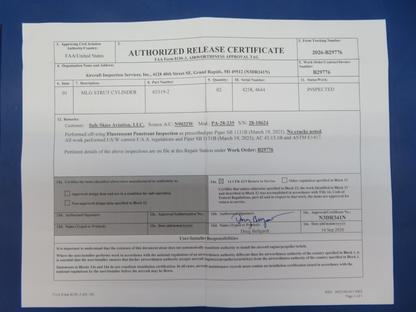 Piper PA-28 Main Gear Leg 65319-04, 65319-004 INSPECTED w/ 8130 (0926-110)1