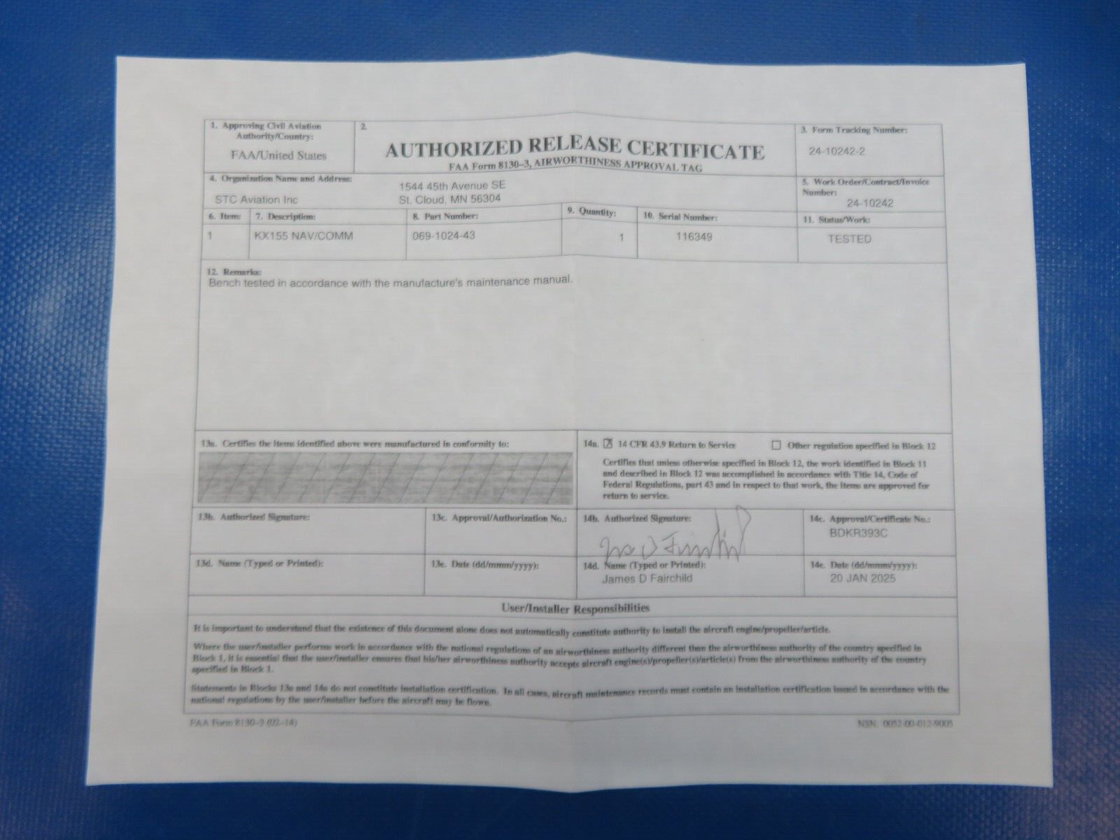 Bendix/King KX155 NAV/COMM w Connector 28V 069-1024-43 TESTED w/ 8130 (0125-196)1