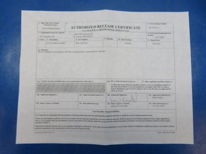Bendix/King KX155 NAV/COMM w Connector 28V 069-1024-43 TESTED w/ 8130 (0125-196)1