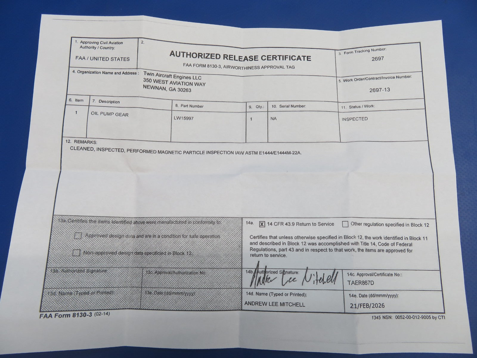 Lycoming Oil Pump Impeller Gear P/N LW-15997 Inspected w/ 8130 (0326-1708)2