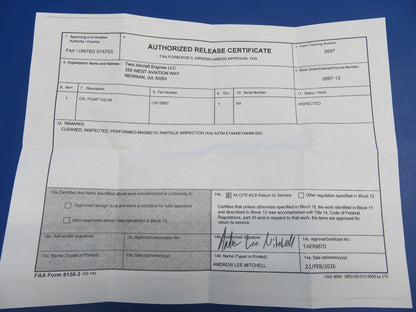 Lycoming Oil Pump Impeller Gear P/N LW-15997 Inspected w/ 8130 (0326-1708)2